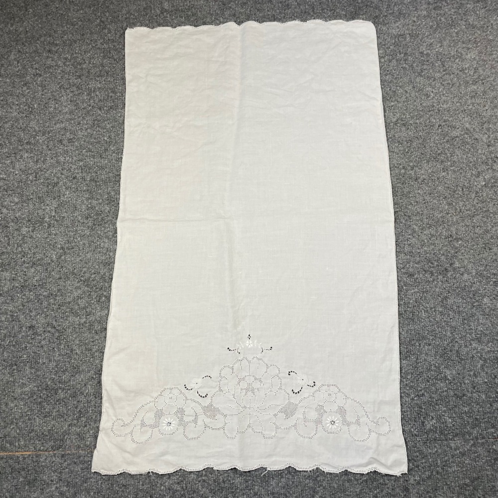 Antique Lace Tea Towel Linen White Floral Openwork Embroidery Scalloped Edge